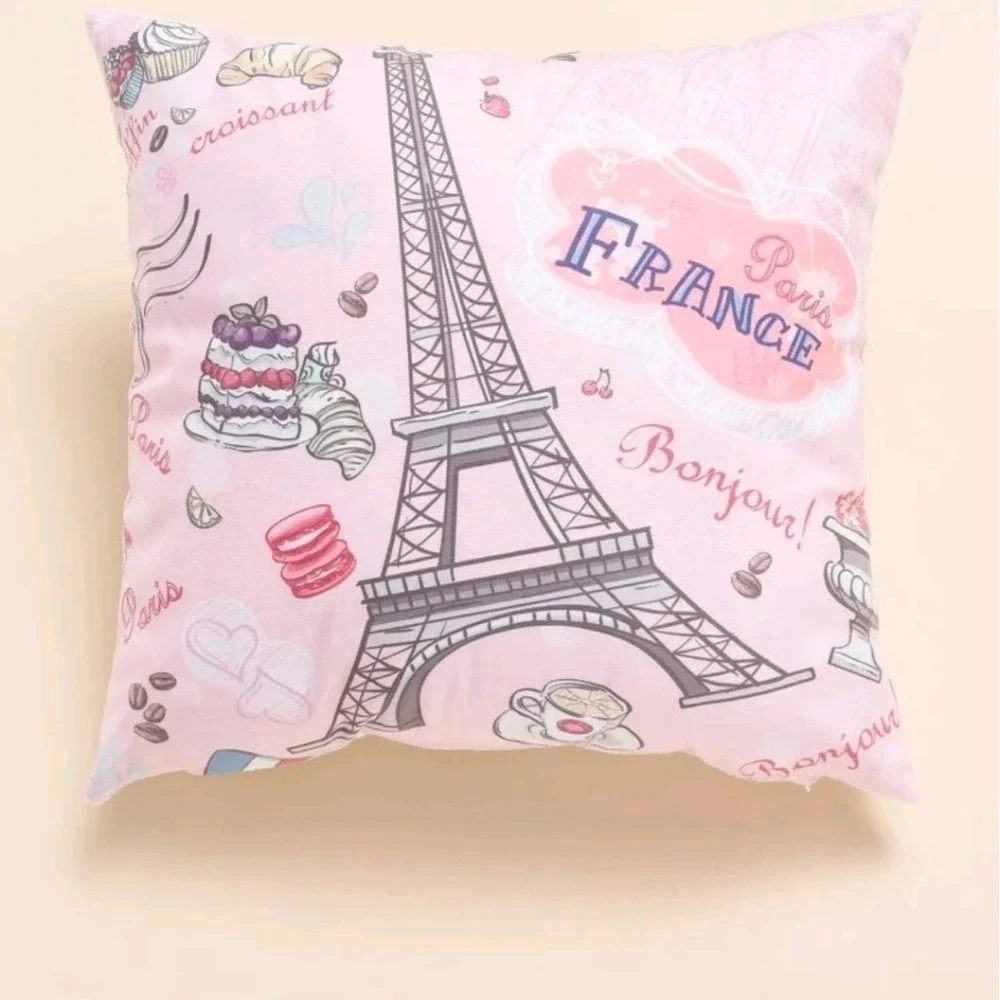 Throw pillow Cover Case set of 2 Boho Decorative Pink Eiffel tower Paris French